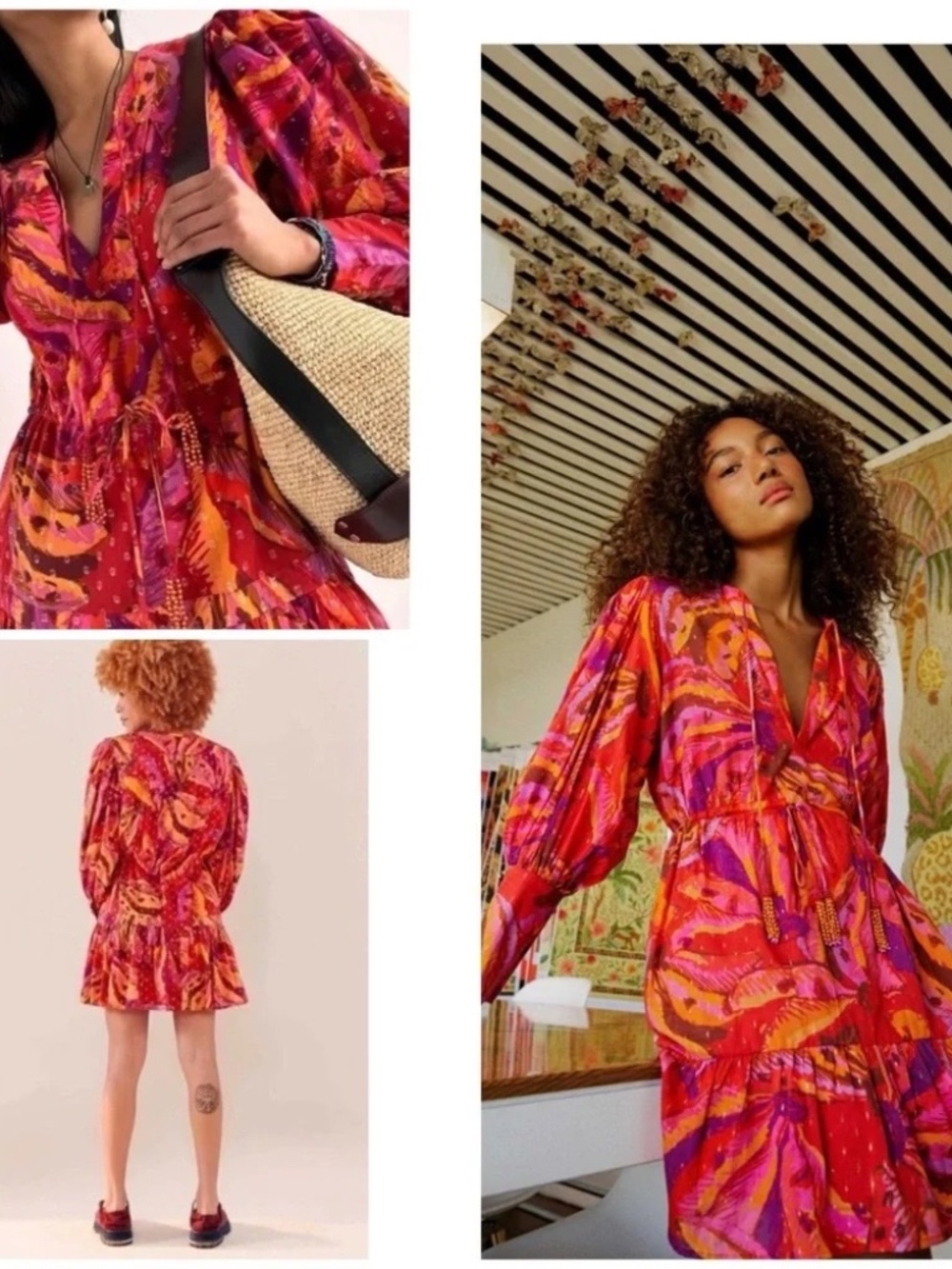 NWT FARM Rio "Banana Juice" Tie-Neck Tiered Long-Sleeve Mini Dress S